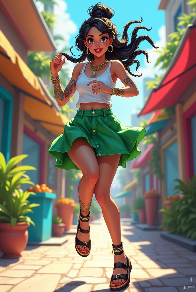 EGIRL in green skirt and jumping sandals