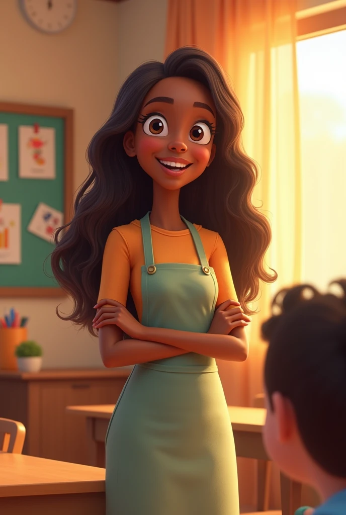 Pixar black teacher, long brown hair, apron