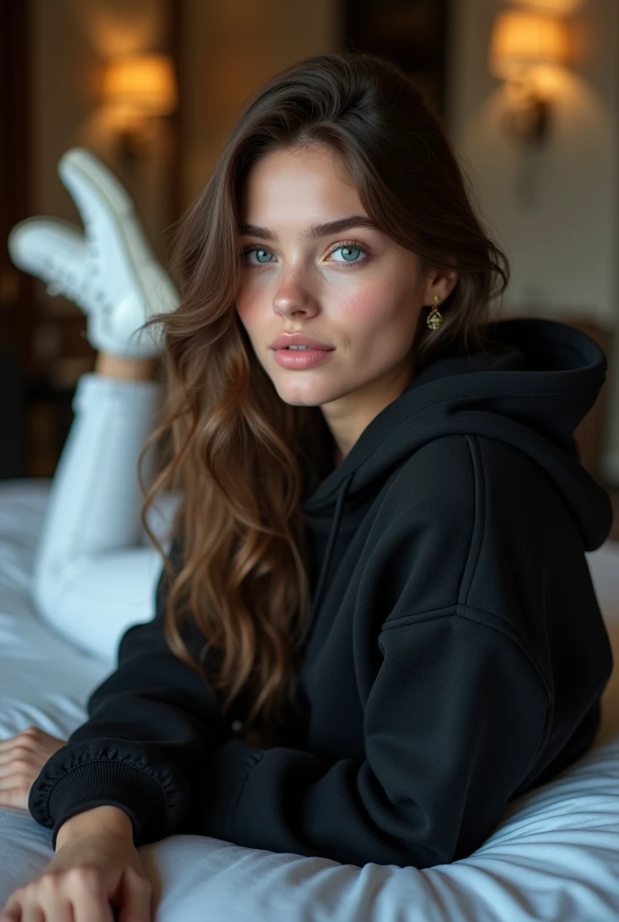 beautiful European girl with blue eyes and brown hair, she's lying on her back on her bed, her whole body is lying down, she's wearing a black hoodie, she's wearing white sneakers and white jeans, ultra High resolution, (fotorrealista: 1. 4), High resolution, (finely detailed skin), (blue eyes), (perfect proportions) (realistic photos) (masterpiece) (fotorrealista), ultra-realistic (Best quality) (detailed) photographed with a Canon EOS R5, 50mm lens, f/2.8, (8k) (Wallpaper) (cinematic lighting) (dramatic lighting) (complex) mode. She's in a luxurious, modern room.
