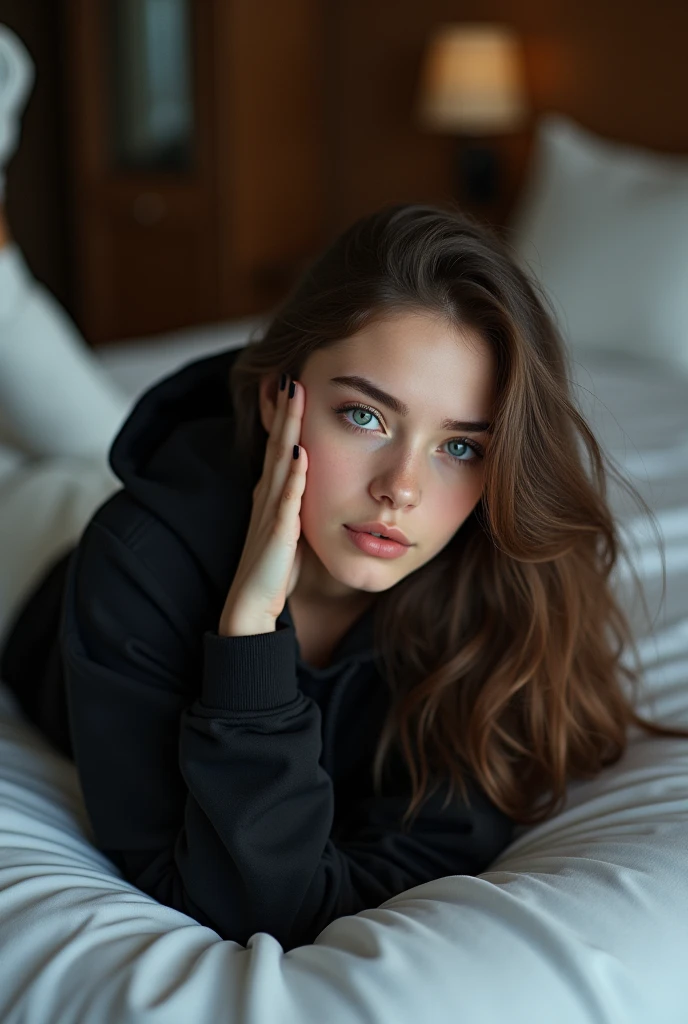 beautiful European girl with blue eyes and brown hair, she's lying on her back on her bed, her whole body is lying down, she's wearing a black hoodie, she's wearing white sneakers and white jeans, ultra High resolution, (fotorrealista: 1. 4), High resolution, (finely detailed skin), (blue eyes), (perfect proportions) (realistic photos) (masterpiece) (fotorrealista), ultra-realistic (Best quality) (detailed) photographed with a Canon EOS R5, 50mm lens, f/2.8, (8k) (Wallpaper) (cinematic lighting) (dramatic lighting) (complex) mode. She's in a luxurious, modern room.