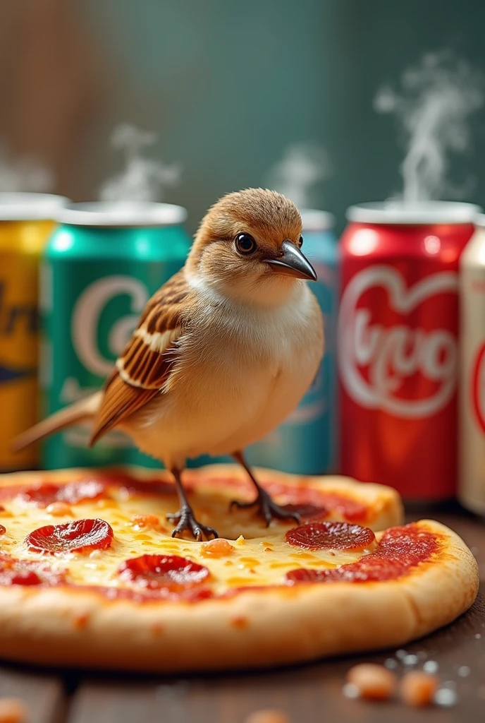 A sparrow eating pizza with coldrinks 