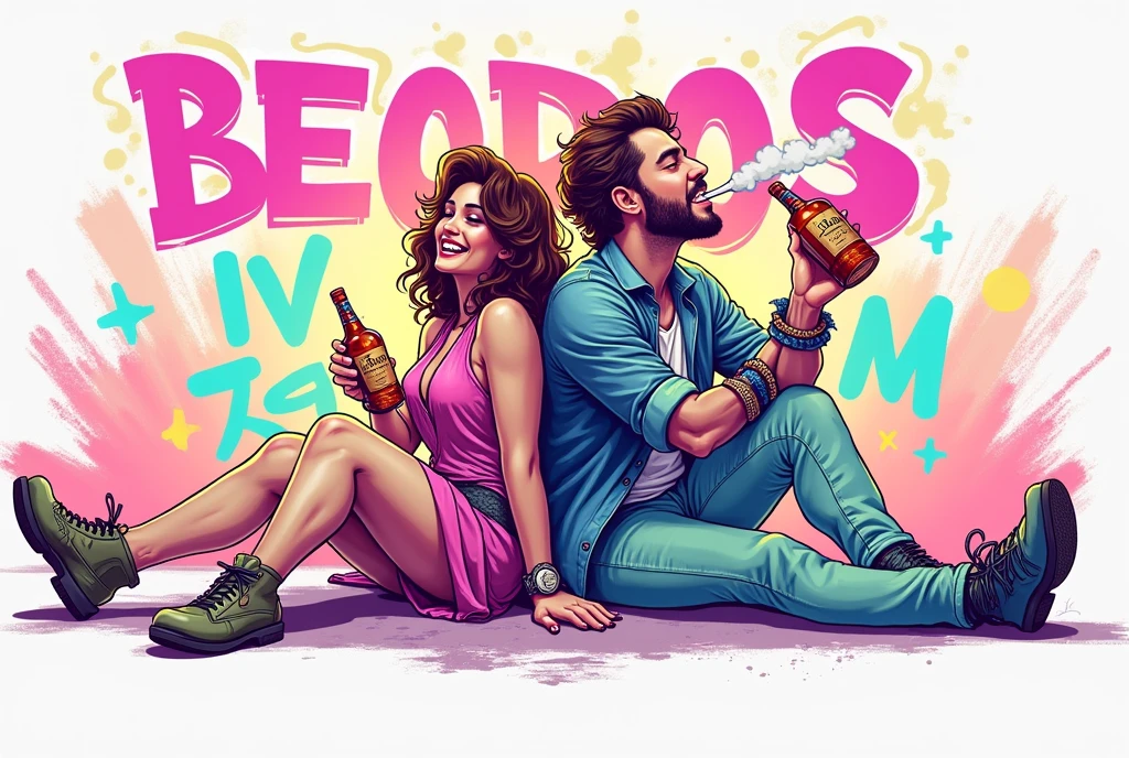 Generate realistic style image of a happy man sitting on the floor smoking a cigarette, Happy woman sitting on the floor drinking a bottle of whiskey, back to back, graffiti text "BEODOS"