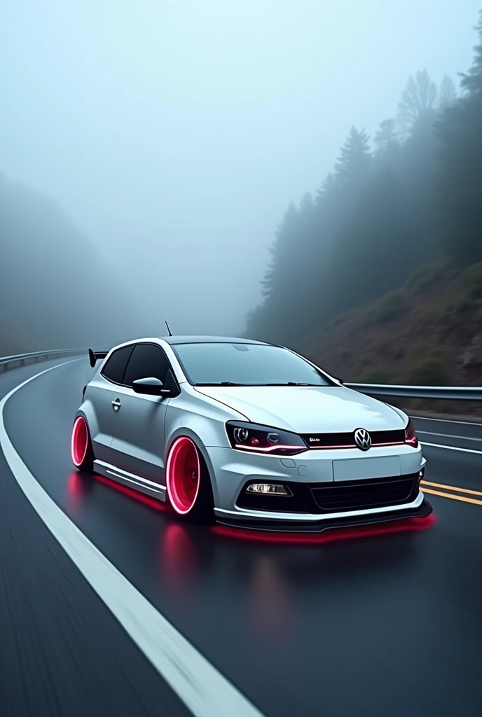 white color volkswagon polo GT modified on highway with cool alloy wheels in neon lights  and some fog