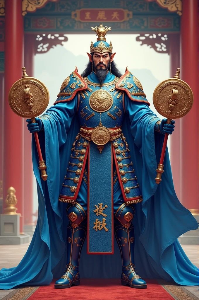 Drawing of a general from the Ming Dynasty of China, the general wears blue armor, his face is majestic and his head is covered with a helmet, his hands hold two circular maces like Ly Nguyen's pair of maces. Emperor of the Tang Dynasty. The photo has a realistic scene and bright colors