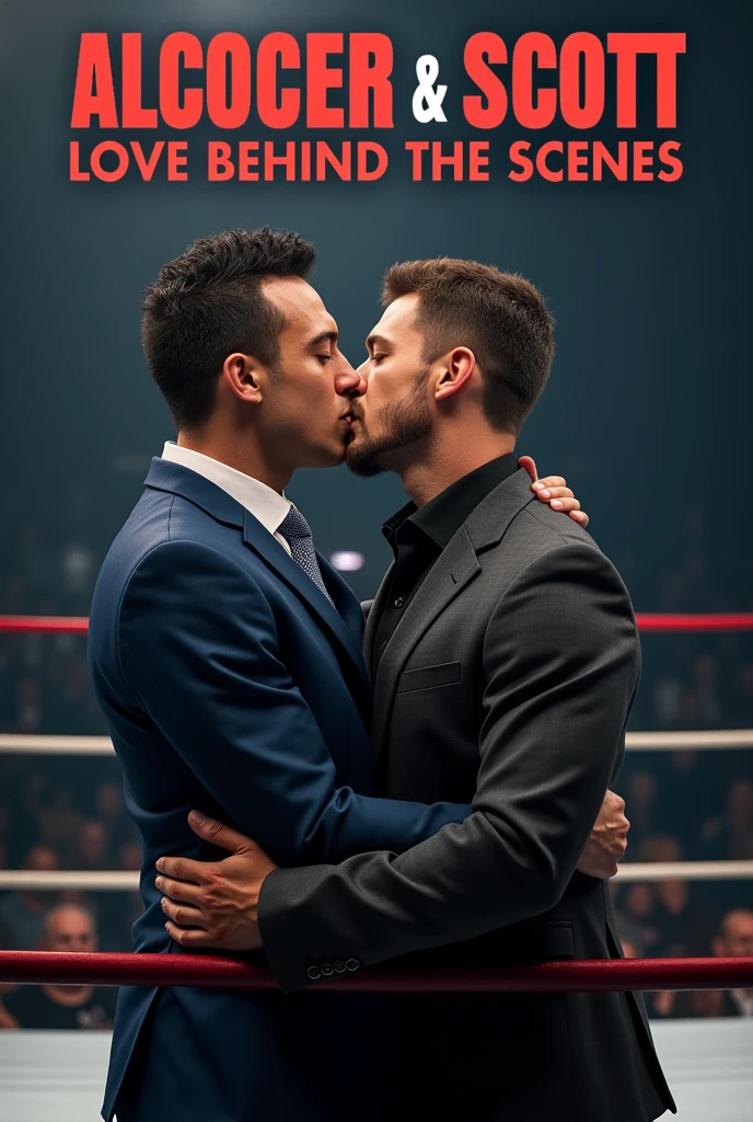 The poster is of two men, one in a smart suit kissing one in casual clothes, The man in the suit is white-skinned and has no beard, while the other is dark-skinned and has no beard.. They are kissing inside a wrestling ring , The big title of the poster is Alcocer & Scott : love behind the scenes 