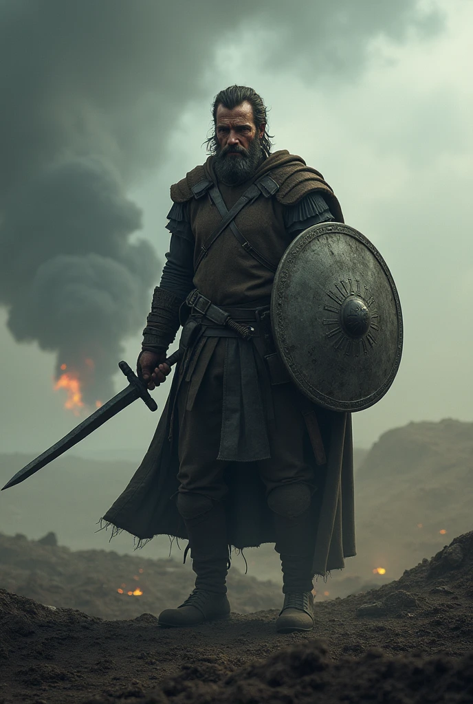 a landscape of war, A man alone, with a broken sword and a shield, ready to face an enemy army