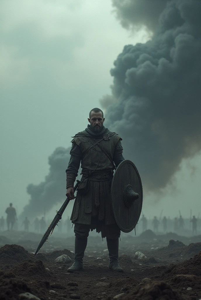 a landscape of war, A man alone, with a broken sword and a shield, ready to face an enemy army
