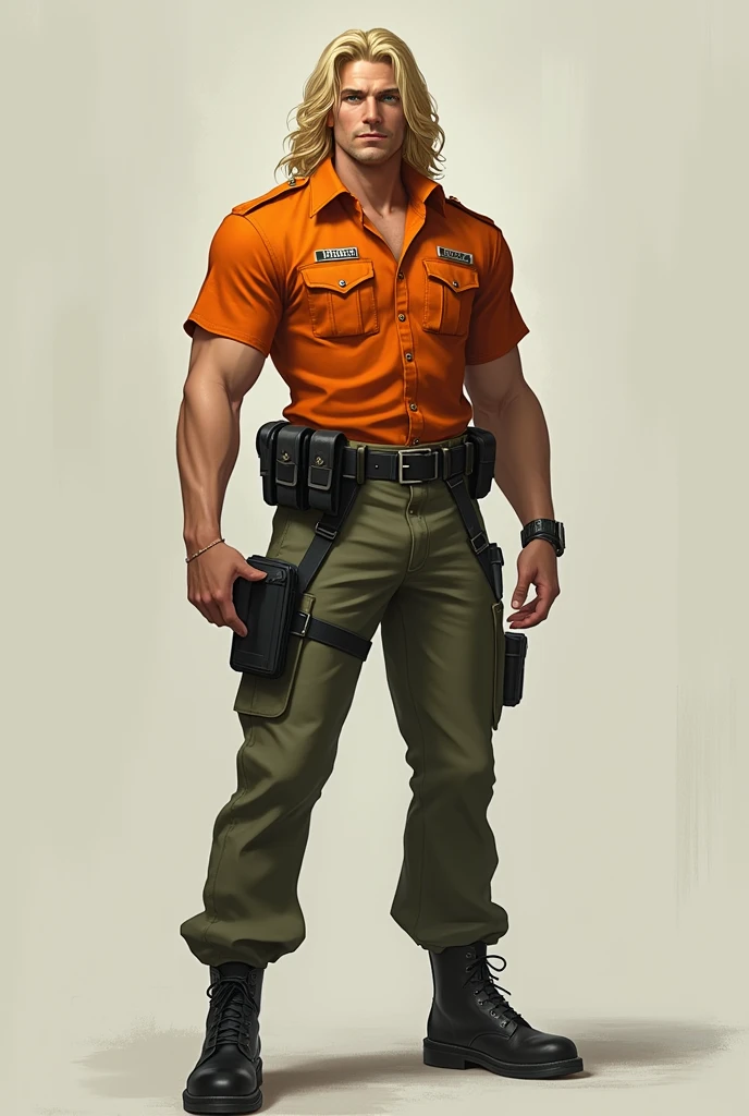 tall blond man with green eyes in uniform with orange shirt and cargo pants