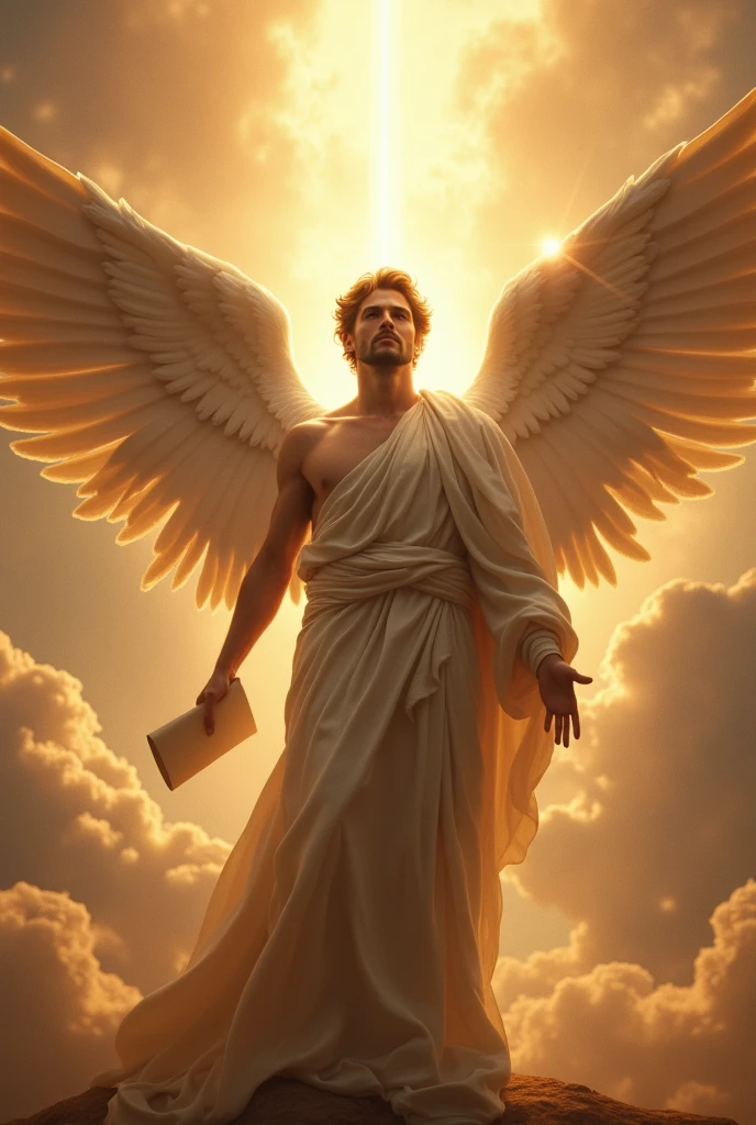 I want an epic image of the angel Gabriel in a male form announcing a message from God