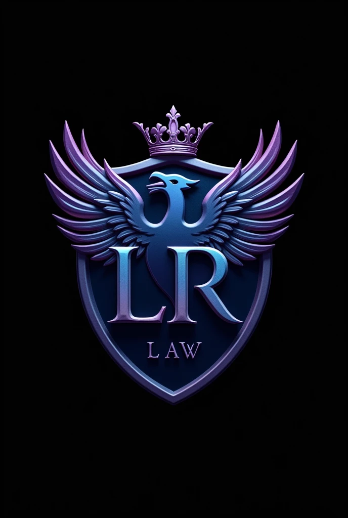 Metallic blue law firm logo with metallic purple LR initials, Phoenix bird and queen's crown and metallic colored scales and black background