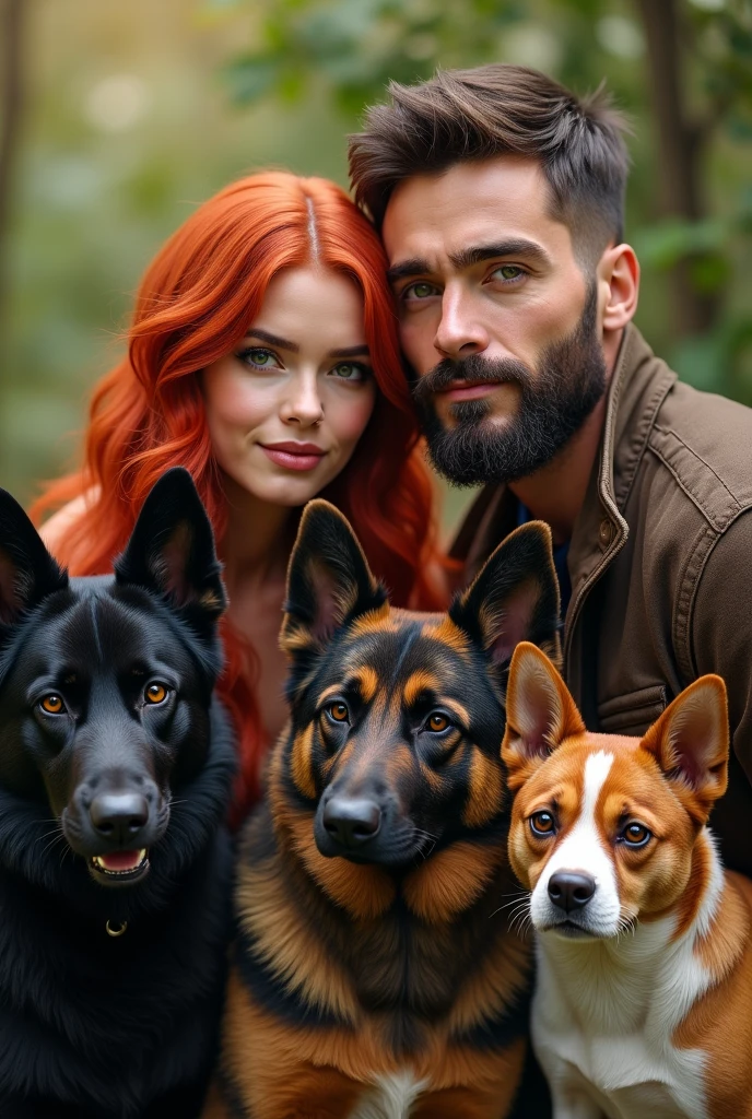 Design an image of a woman with red hair, a man with a short beard and 3 dogs, the first black german shepherd, The second was a German Shepherd and the third was a Boston Terrier.