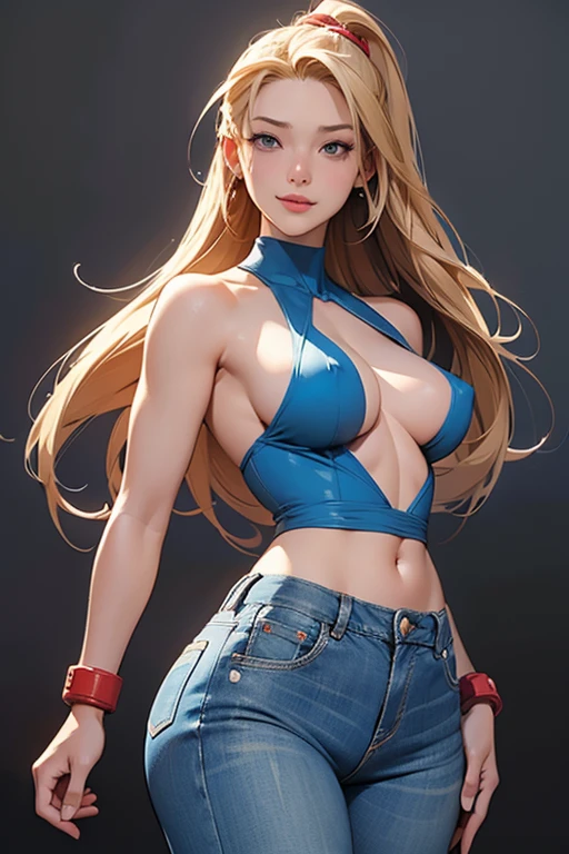 a drawing of a woman with her breasts out, jeans, without clothes on top, exposed breasts, Cammy, high quality colored sketch, no suit, temática de Cammy de street figther, Samus Aran Fanart, inked and colored, Comic style art, comic digital art, highly detailed exquisite fanart, drawn in the style of artgerm, in a Japanese city, showing breasts, perfect breasts, fighting expression, sexy body, sexy smile expression