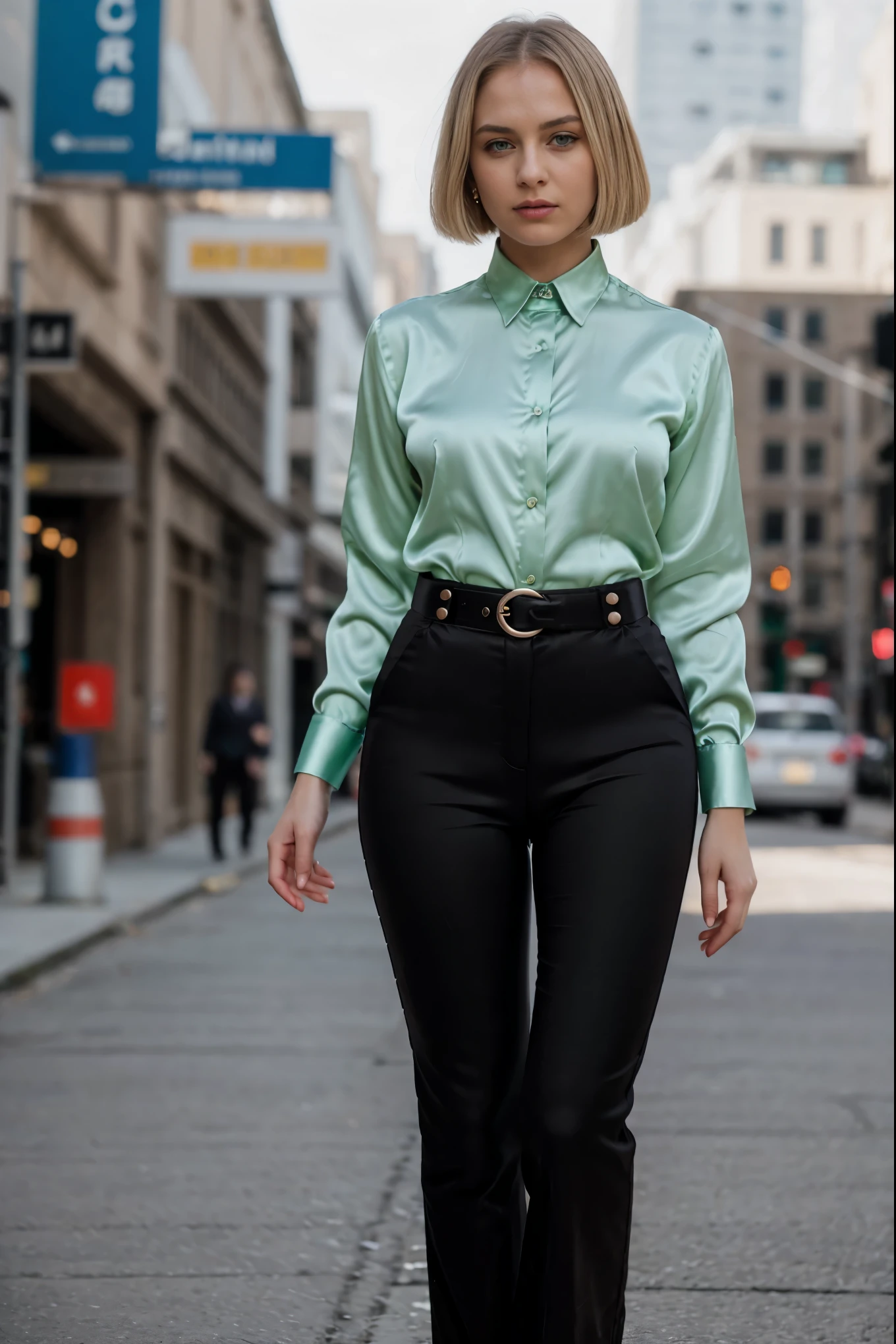 beautiful photograph of a smart looking 1girl, blonde bob cut, stunning green eyes, solo, wearing a (satin collared shirt:1.2), very detailed fine silk fabric emphasis, perfectly defined button detailing, (black pants:1.4), belt, diamond stud earrings, serious expression, slim figure, standing against a country skyline at midday, cowboy shot, full body shot, photographed on a Fujifilm XT3, 80mm F/1.7 prime lens, cinematic film still, cinestill 500T, highly detailed, masterpiece, highest quality, intricately detailed, HDR, 8k, uhd, photorealistic,