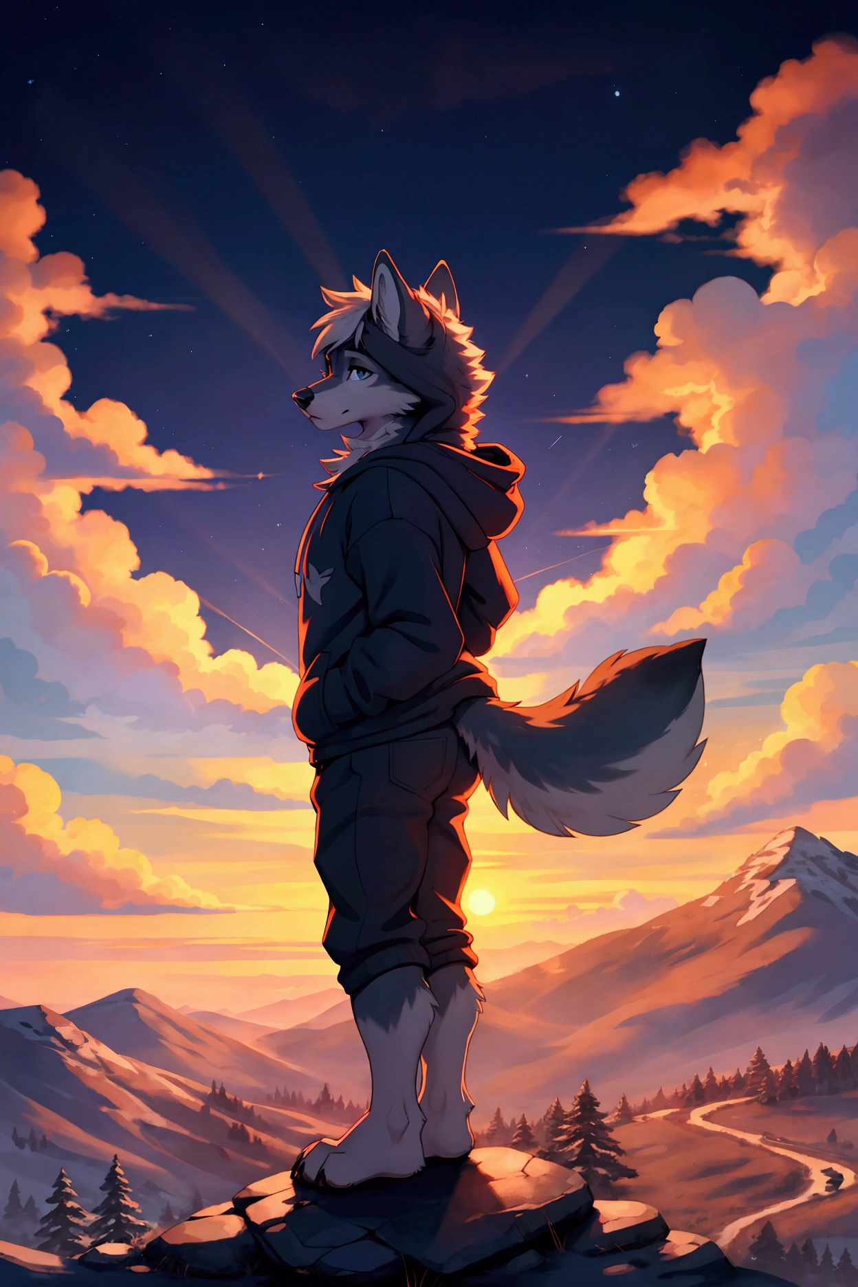 a complete body, Anthropomorphic wolf wearing a hoodie looking at the stars on a hill at sunrise with a city background