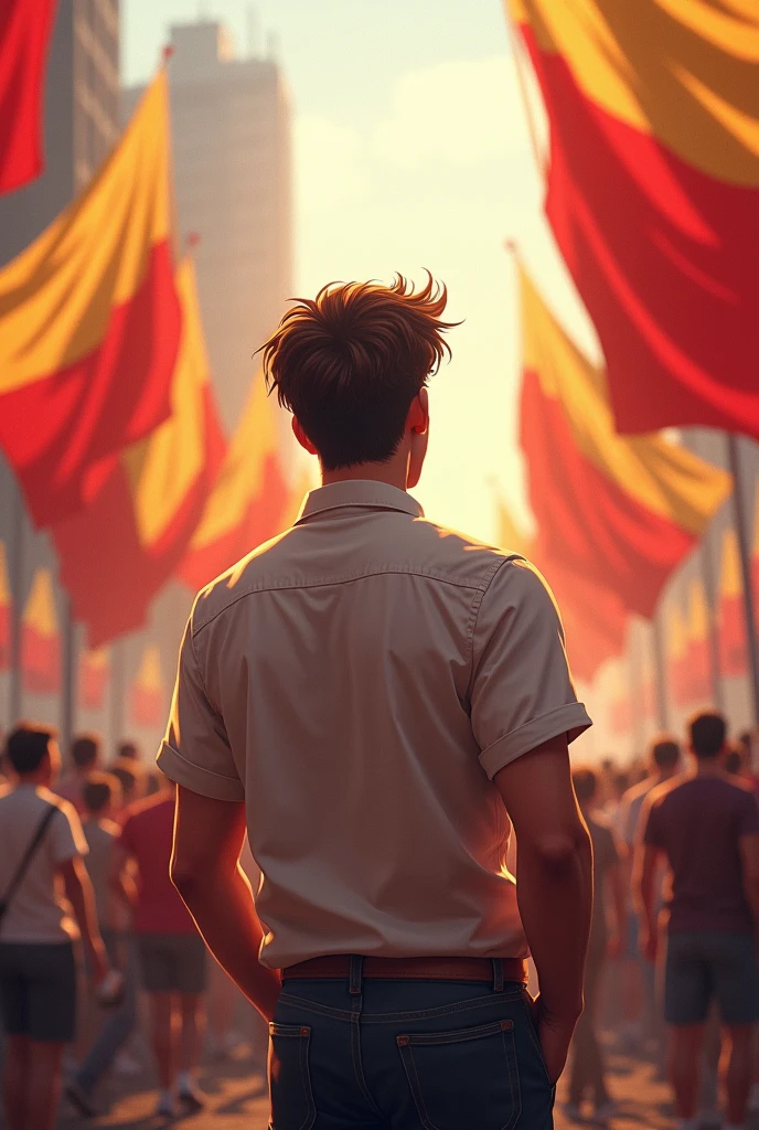 Handsome College Boy back pose Standing 10000 People's Celebrate For city Place background red and yellow flag stander 3d illustration create for whatsapp dp size