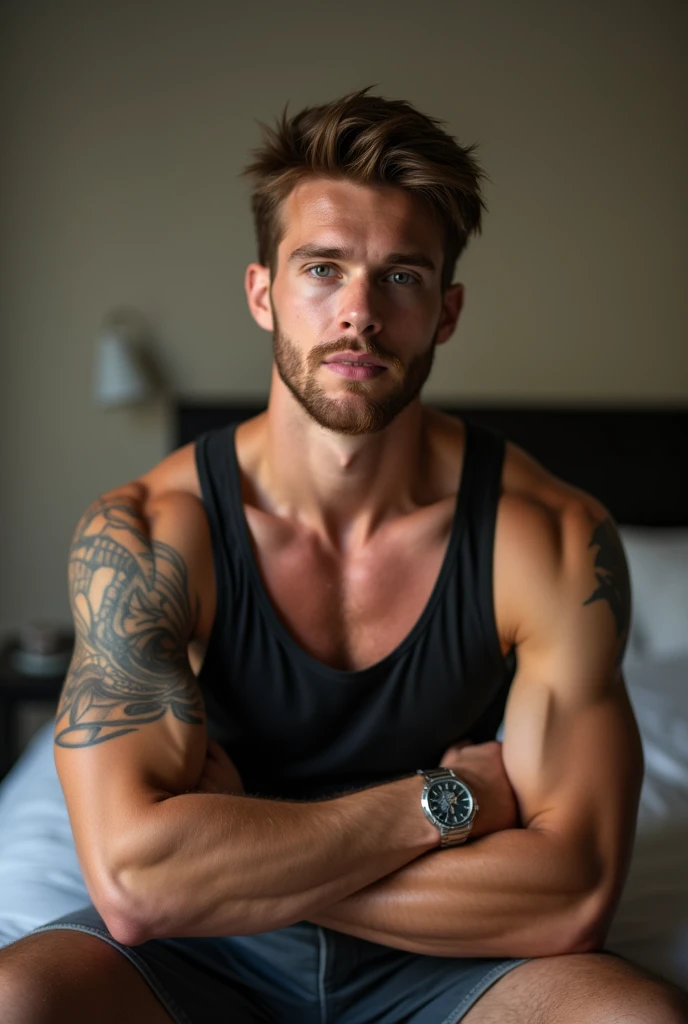 a handsome, 1 attractive man with a seductive expression, athletic, tattooed, sitting inside a room , Sitting on the bed, wearing a tank top, silver watch, Brown hair, Crossed arms 