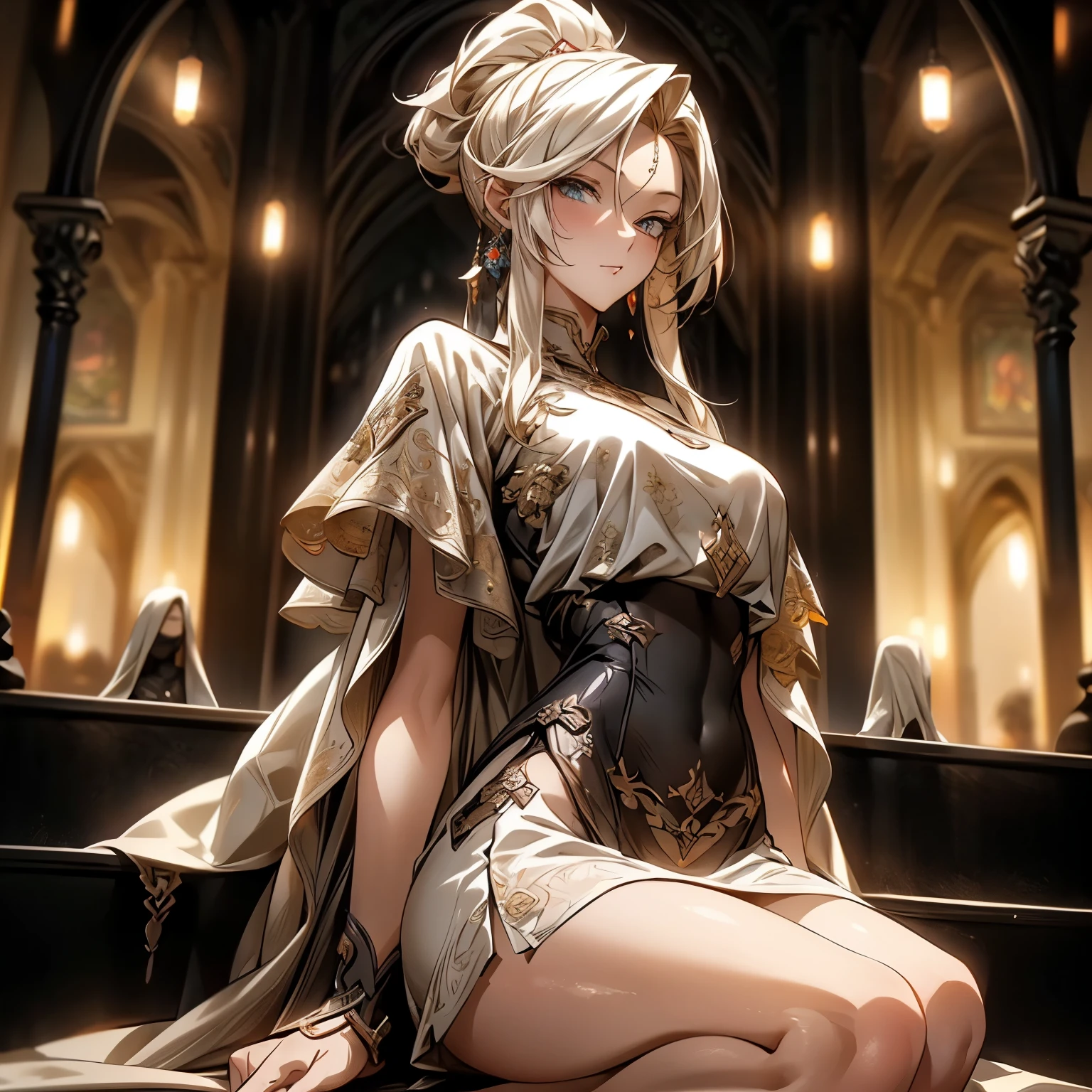 (best quality)), ((Masterpiece)), (details:1.4), 3d, HDR (high dynamic range), an image of a beautiful cyberpunk female, medieval, Blonde hair, High ponytail, Full body, Beautiful white eyes, จมูกโด่ง, ปากแดง, หน้าอกใหญ่, nvidia RTX, PBR surface, After processing, Anisotropic filtration,depth of field, Maximum clarity and clarity, multi-layered surface, Subsurface scattering, perfect proportions, 8K raw files, ultra detailed, Perfect proportions, volumetric lighting, soft lighting, Holy Paldin, Heavy Black Armor, Black dress, glossy skin, intricate Silver embroidery, Castle background, jewely, ต่างหู, นิ้วมือสมบูรณ์, mini White skirt,