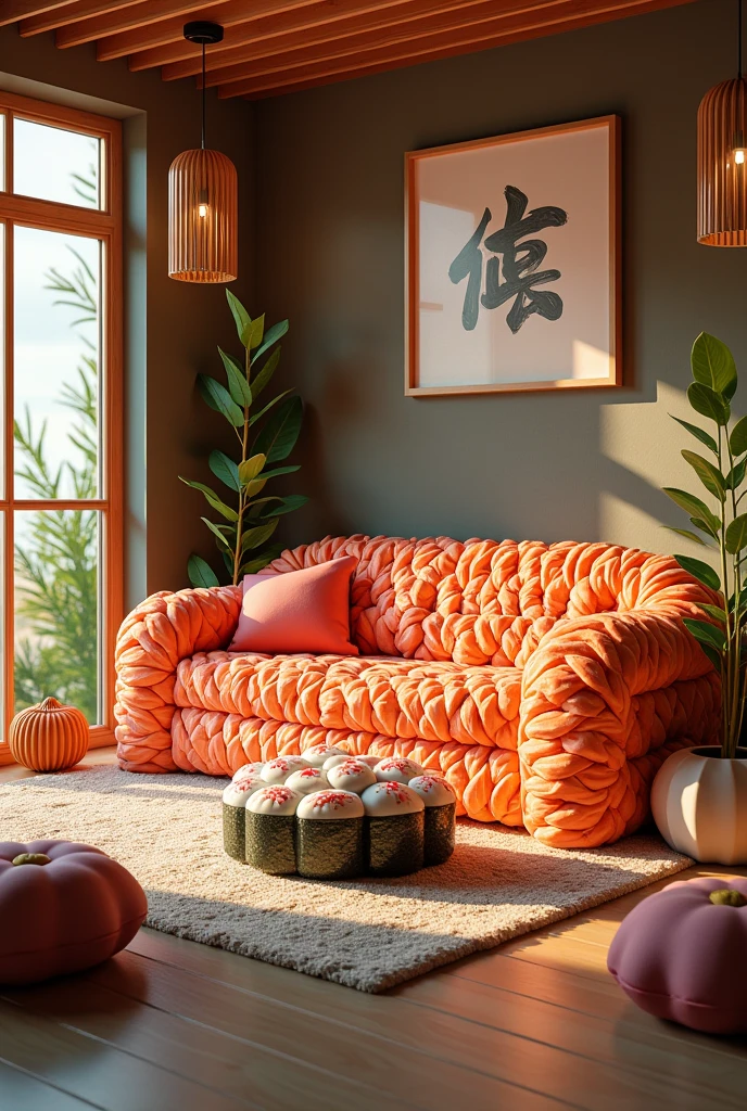 ((masterpiece, 8k, best quality, 8k, super realistic, high resolution:1.3)), livingroom, all made of sushi rolled with something, sofa is a raw fillet of fish, soft floor, floor made of cooked rice, wall made of sashimi, sushi world