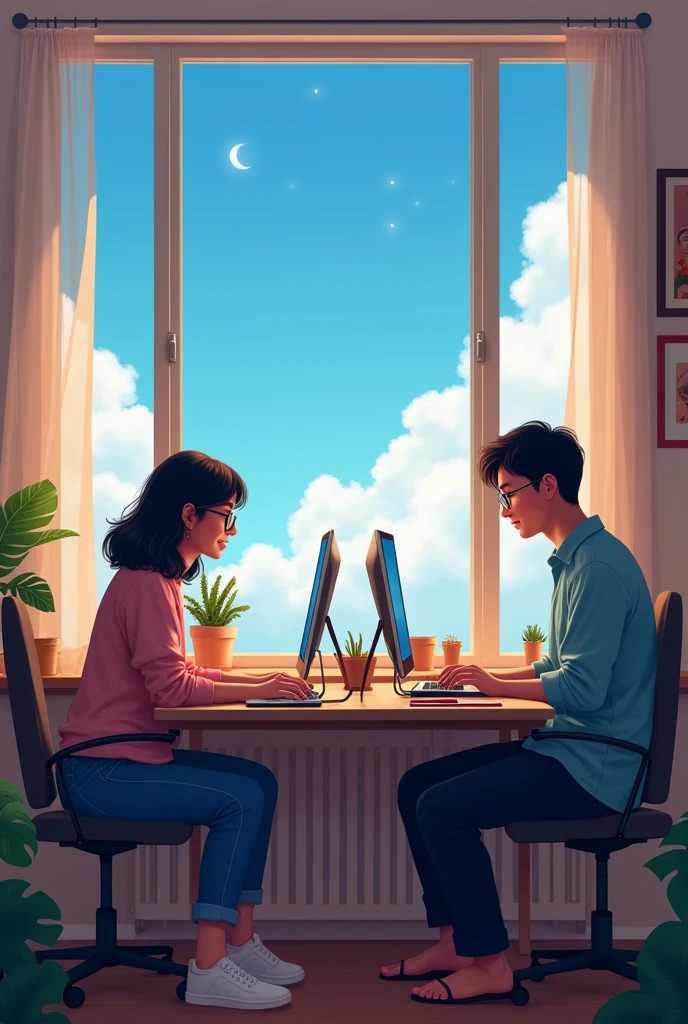 A couple sitting on two separate work desks with computers on a apartment room, the boy with short black hair with glasses, the girl with short dark hair with glasses, with a big window with a blue open sky.