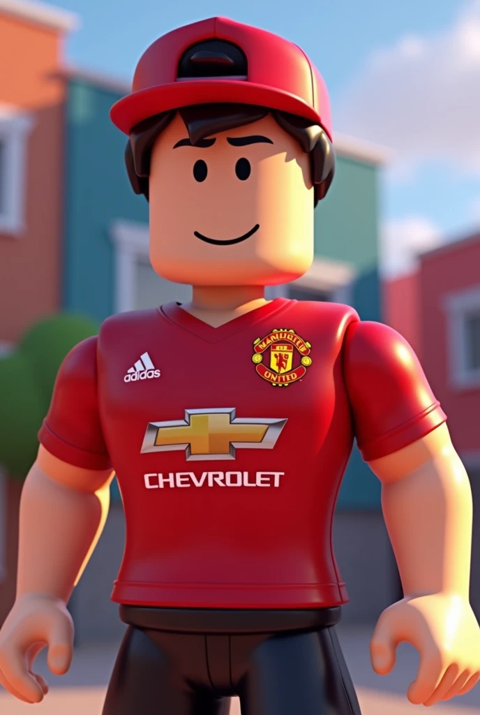 Make a roblox style game He is a ager character with red cap and manchester united shirt For profile picture From the front