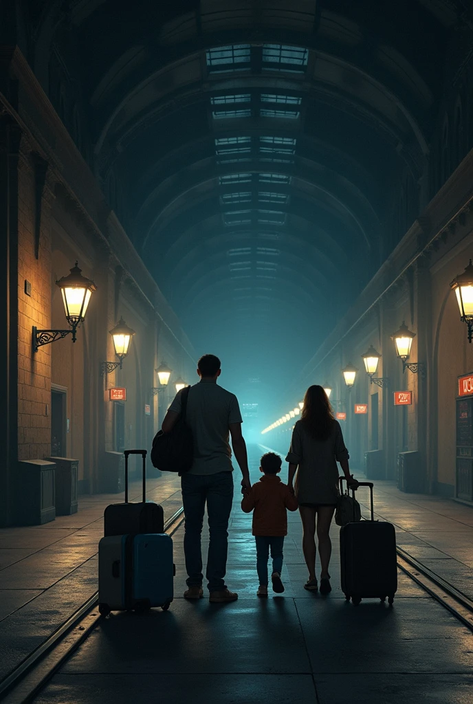 Generate detailed image of empty railway station at night with one man and his wife with their two children with their luggage 