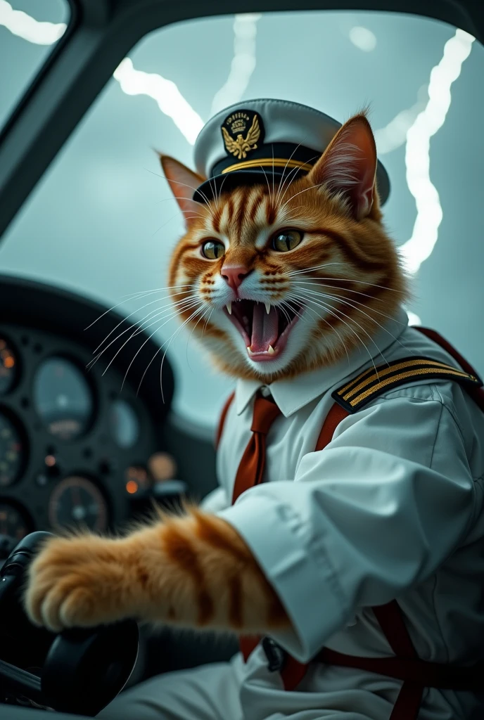Cute close-up photo of an orange pilot cat., Cockpit,Cat piloting the plane,white dress,lightning,rain,Serious expression,angry,Open your mouth and cry.