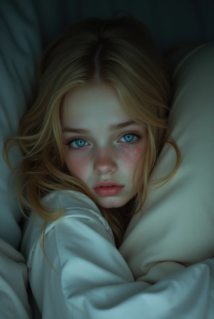 A beautiful girl with long blond hair and blue eyes. The girl inherits the year of peace and cries. Ma rozmazany czarny tuż. There is a lump on her face. The girl snuggles into the pillow.