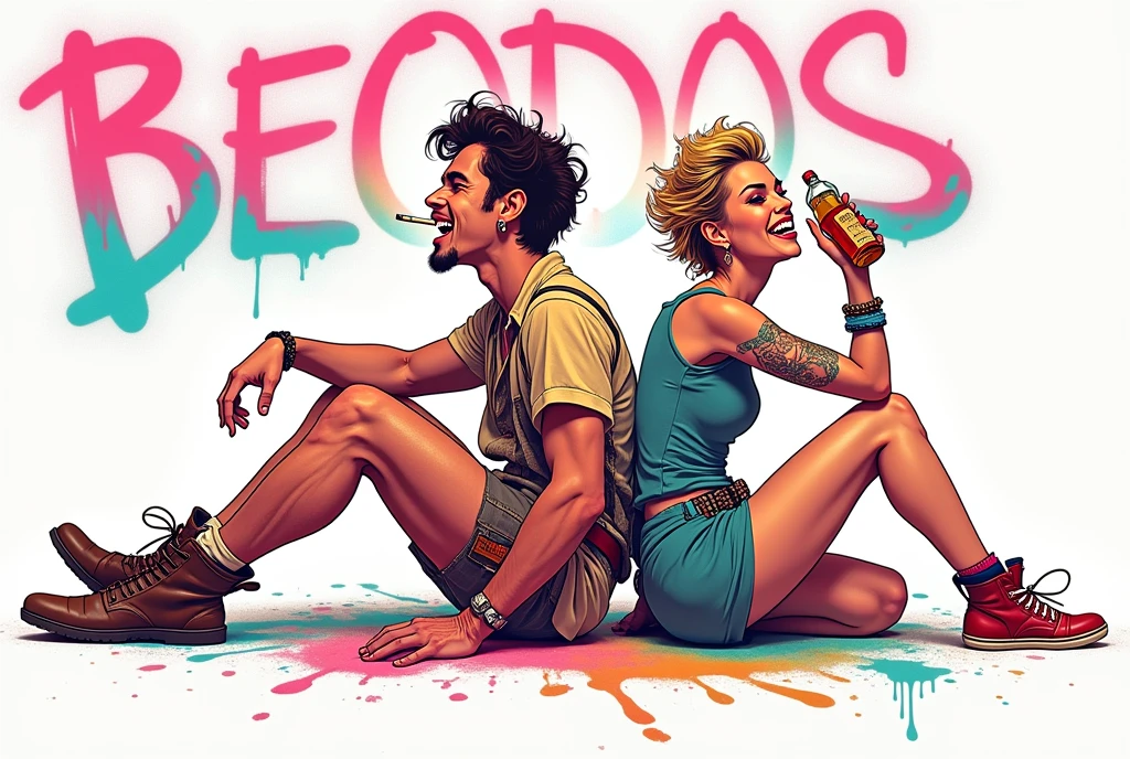 generate a neon style graffiti with a man sitting on the floor laughing smoking a cigarette next to a laughing woman sitting on the floor drinking a bottle of whiskey, back to back, texas "BEODOS"