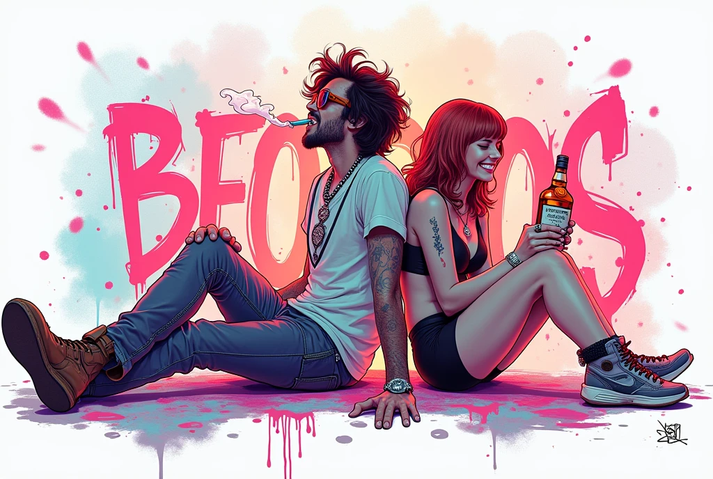generate a neon style graffiti with a man sitting on the floor laughing smoking a cigarette next to a laughing woman sitting on the floor drinking a bottle of whiskey, back to back, texas "BEODOS"
