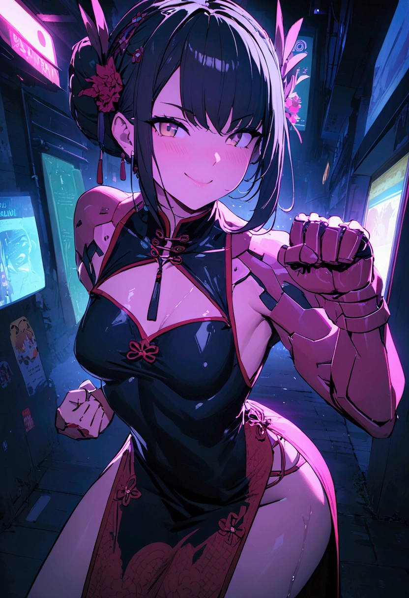 (best quality), (ultrafein), (masterpiece), Illustration, a girl,China-Costume,cyberpunk, (cyberpunk,China-Costume,Cybernetic implants),Hair Accessories, bright colours,(open small breasts, smiling and winking, pressing her fist together towards the viewer), dynamic lighting,neon lights,shining city skyline,holographic projection,Fashionable clothing of the future,a mix of traditional and modern elements,Avantgardistisches Make-up,exquisite hairstyle,Self-confidence and determination,Urban environment,Heavy rain,Reflection on wet road,Metall Textur,Mechanical Armor, gorgeous accessories,High-Tech-Gadgets,Impressive cybernetic improvements,Clear focus,Grumpy Details, Overclocked rendering, Cinematic edge light, fine light, masterpiece, super Details, epic work, Ultra-High-Definition, good quality, 32K, (Fighting Pose)