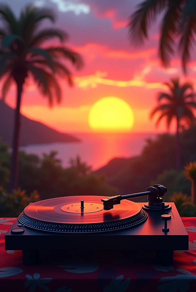 Create a background to upload lyrics to classic salsa songs on social media with a play of lights and a record player spinning in the background at a beautiful sunset