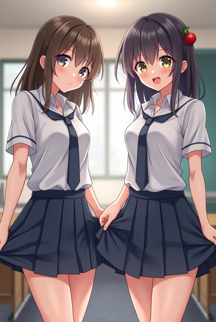 Two schoolgirls slightly lifting their skirts showing their panties