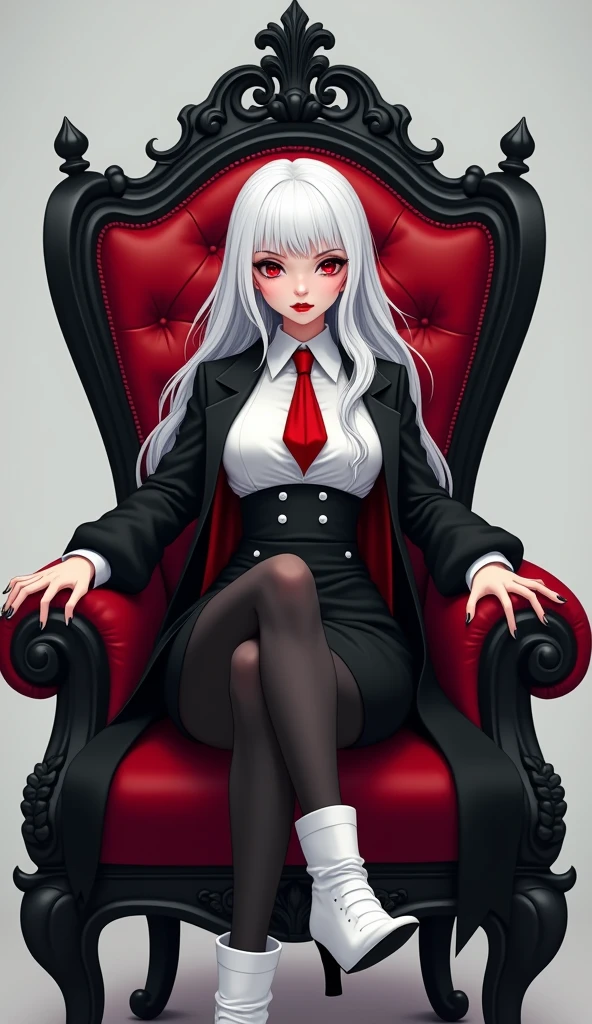 The young woman red eyes white hair wear a vampire black coat inside vampire black coat has a carmine color, white shirt, red necktie, black pencil skirt, black underpants, long black tights, black socks, white leather boots, sitting with legs open on the black red throne, light grey background, cartoon novel, 4K, HD