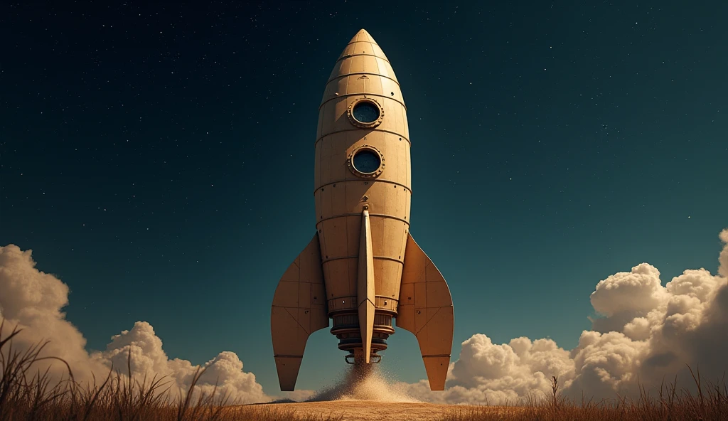 The large cardboard rocket ready for takeoff under the starry sky.