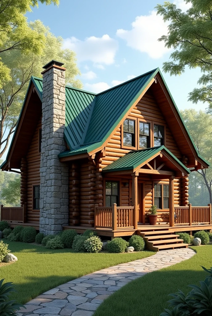 “two-story log cabin, with a hunter green roof, a large chimney rising up the side and a wooden porch surrounding the entire house.”