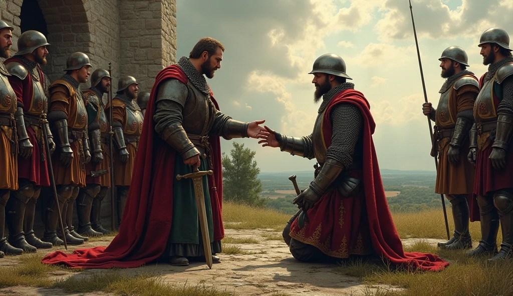 A richly detailed illustration capturing the tense moment of a local lord in Aquitaine swearing an oath of loyalty to a representative of one of the warring factions during the Hundred Years' War. The scene is set against a brooding, medieval backdrop, with a towering stone castle or a vast, rolling rural landscape under a cloudy, foreboding sky. The lord, dressed in fine but weathered attire, kneels with a sword in hand, his face a mask of doubt and carefully hidden intentions. His eyes betray a flicker of uncertainty as he gazes up at the stern, armored representative, who extends a gloved hand as a symbol of acceptance. Surrounding them, a small retinue of knights and retainers observe the oath, their expressions ranging from solemn to skeptical, reflecting the fraught political landscape. Shadows play across the scene, creating an atmosphere of secrecy and underlying tension, all rendered in the detailed, evocative style of Edmund Blair Leighton, with meticulous attention to the te, Surrealism, Hyperrealism, UHD, retina, masterpiece, accurate, anatomically correct, textured skin, super detail, best quality, 16k