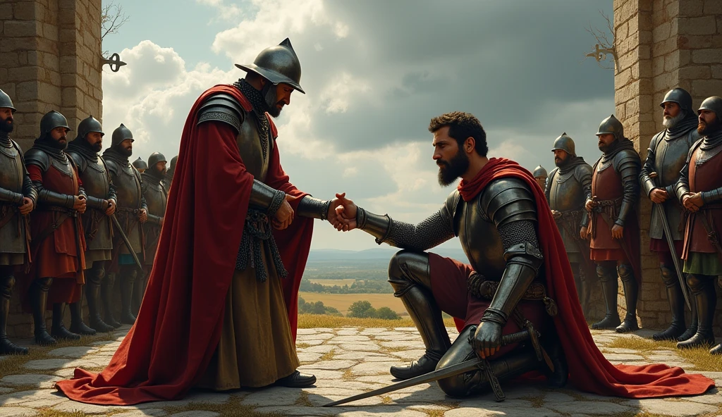 A richly detailed illustration capturing the tense moment of a local lord in Aquitaine swearing an oath of loyalty to a representative of one of the warring factions during the Hundred Years' War. The scene is set against a brooding, medieval backdrop, with a towering stone castle or a vast, rolling rural landscape under a cloudy, foreboding sky. The lord, dressed in fine but weathered attire, kneels with a sword in hand, his face a mask of doubt and carefully hidden intentions. His eyes betray a flicker of uncertainty as he gazes up at the stern, armored representative, who extends a gloved hand as a symbol of acceptance. Surrounding them, a small retinue of knights and retainers observe the oath, their expressions ranging from solemn to skeptical, reflecting the fraught political landscape. Shadows play across the scene, creating an atmosphere of secrecy and underlying tension, all rendered in the detailed, evocative style of Edmund Blair Leighton, with meticulous attention to the te, Surrealism, Hyperrealism, UHD, retina, masterpiece, accurate, anatomically correct, textured skin, super detail, best quality, 16k