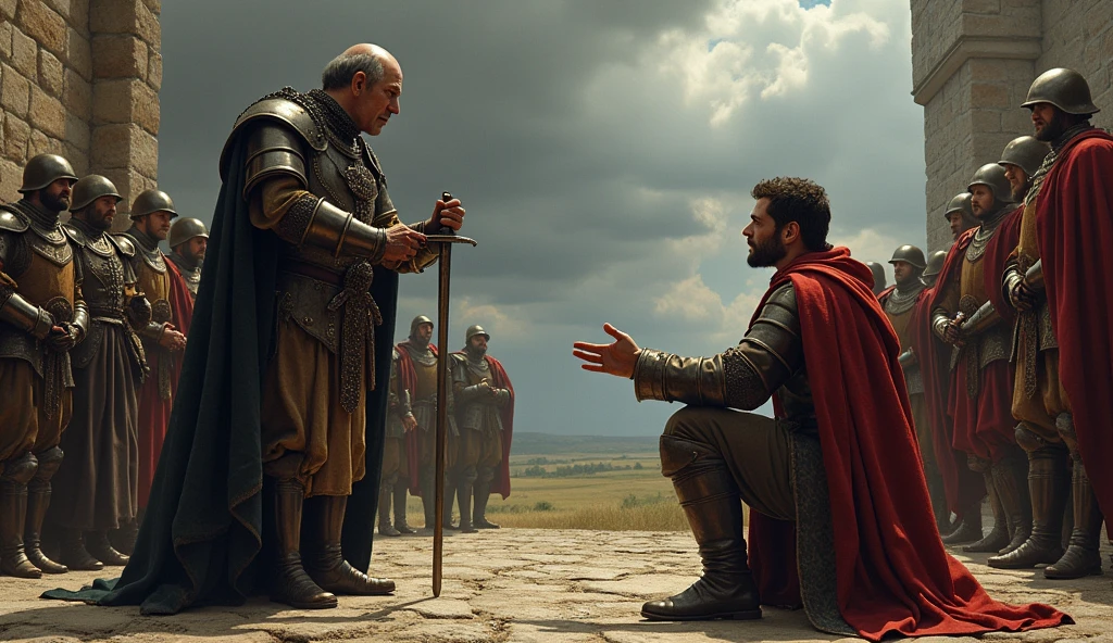 A richly detailed illustration capturing the tense moment of a local lord in Aquitaine swearing an oath of loyalty to a representative of one of the warring factions during the Hundred Years' War. The scene is set against a brooding, medieval backdrop, with a towering stone castle or a vast, rolling rural landscape under a cloudy, foreboding sky. The lord, dressed in fine but weathered attire, kneels with a sword in hand, his face a mask of doubt and carefully hidden intentions. His eyes betray a flicker of uncertainty as he gazes up at the stern, armored representative, who extends a gloved hand as a symbol of acceptance. Surrounding them, a small retinue of knights and retainers observe the oath, their expressions ranging from solemn to skeptical, reflecting the fraught political landscape. Shadows play across the scene, creating an atmosphere of secrecy and underlying tension, all rendered in the detailed, evocative style of Edmund Blair Leighton, with meticulous attention to the te, Surrealism, Hyperrealism, UHD, retina, masterpiece, accurate, anatomically correct, textured skin, super detail, best quality, 16k
