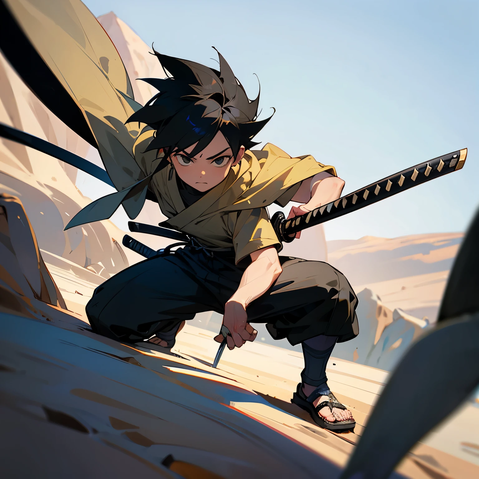 Child boy with a katana in the desert