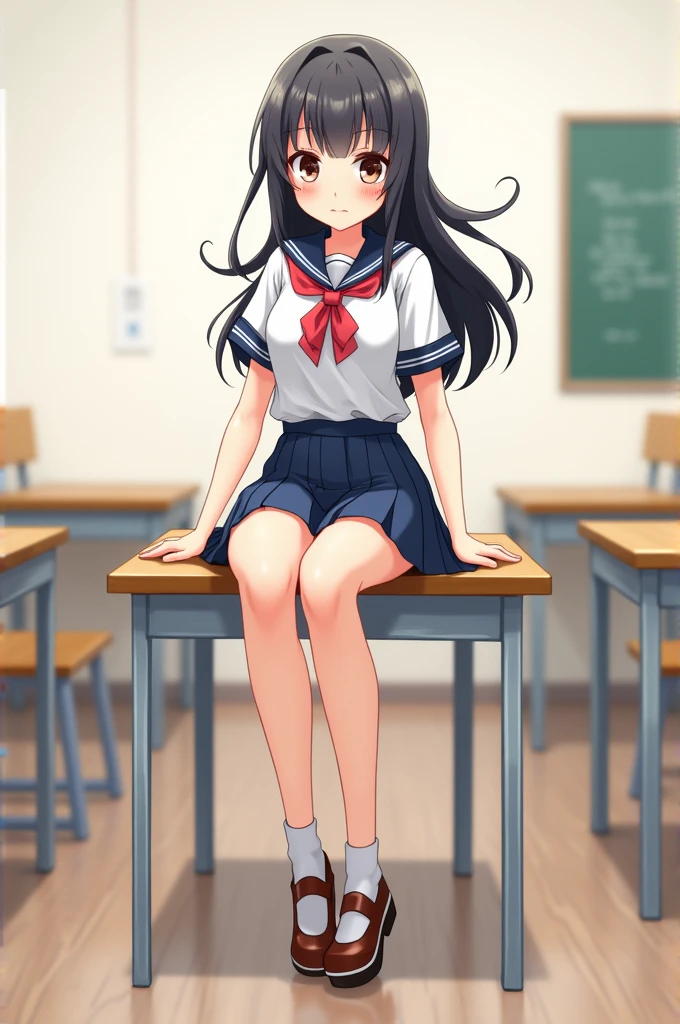 School Girl, thiccwithai style, skirt, long hair, sitting on a table