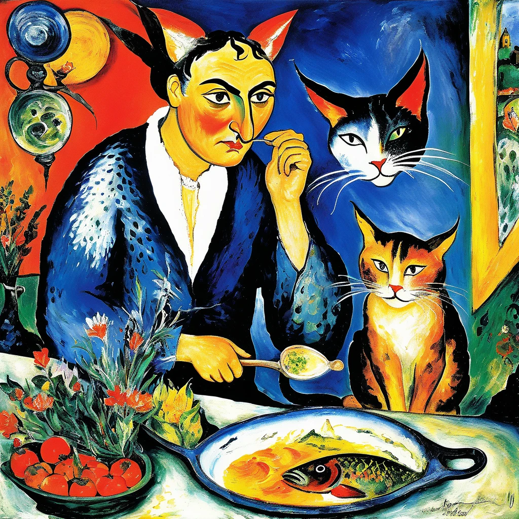 [dramatic scene]: [(((face with an emotion of disgust!!!))) (((furrowed eyebrows))) the cook cleans the fish with a look full of disgust] look at the cheeky cat ((Mordecai Ardon / Marc Chagall style!)), Naive Magical Art, primitivism, Protogen, ((best qualityer, work of art)),
((((higher detail), impressionism:1,1, 8k