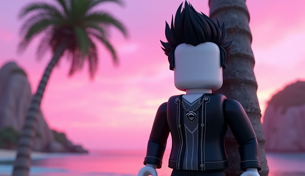 Handsome tall square Roblox male doll, with black rocker hair, emo clothes and no lips, white skin, no mouth leaning on a palm tree, cartoon, Vice City GTA, stone mountain background on the beach with pink sky