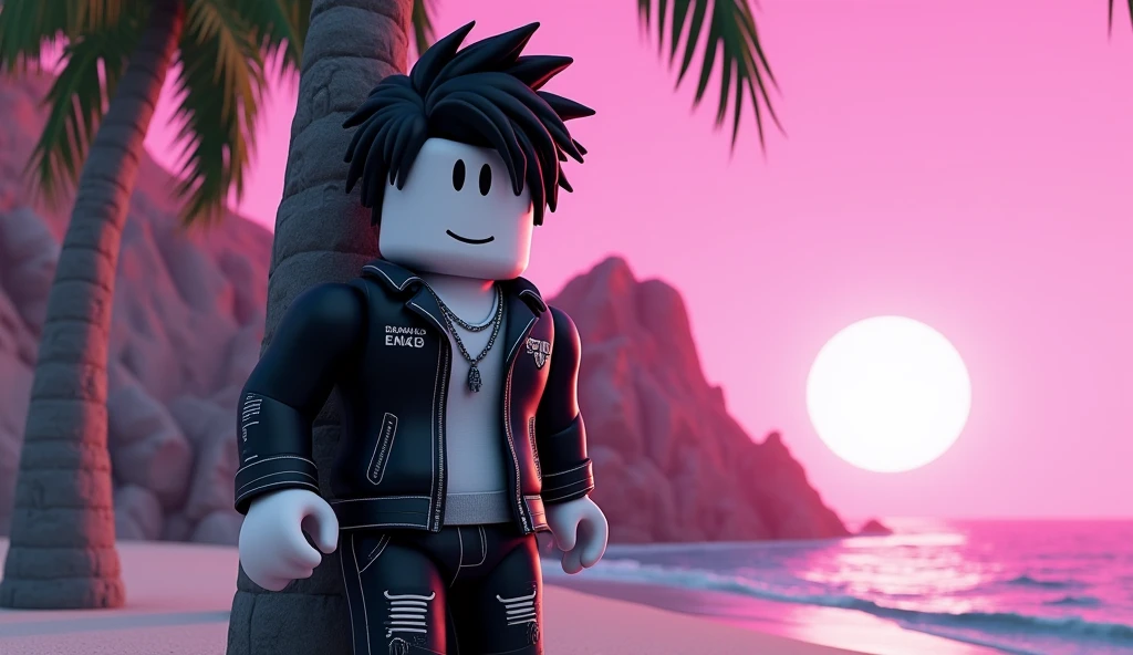 Handsome tall square Roblox male doll, with black rocker hair, emo clothes and no lips, white skin, no mouth leaning on a palm tree, cartoon, Vice City GTA, stone mountain background on the beach with pink sky