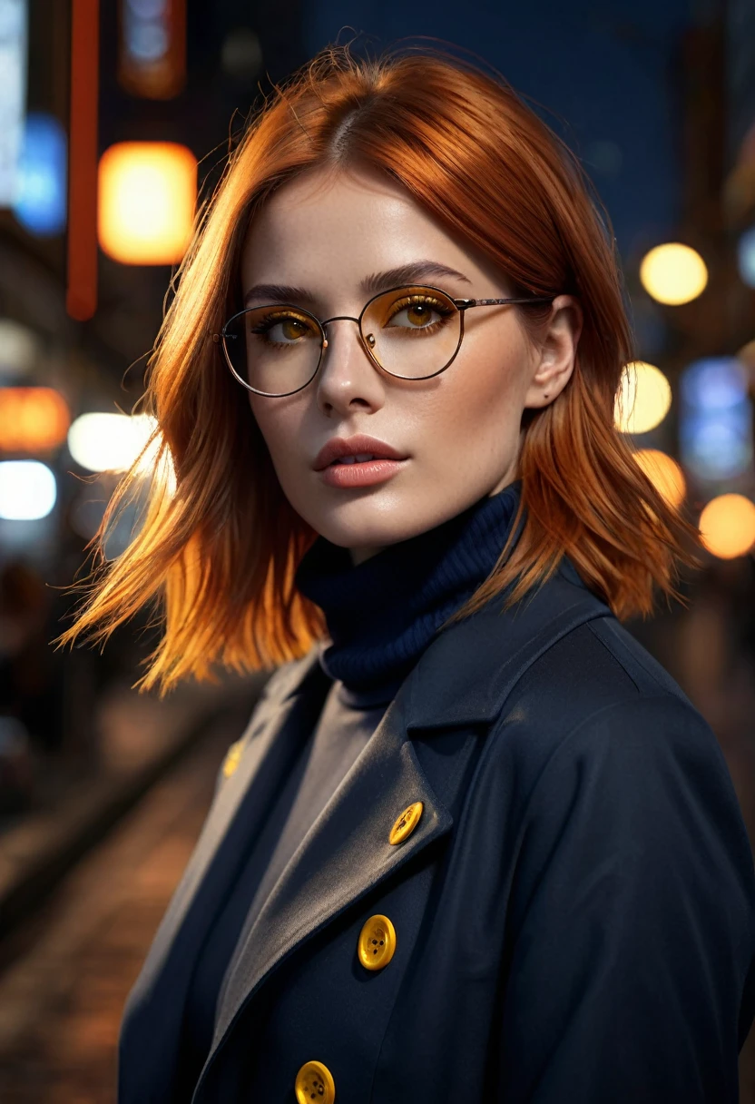 1 woman, inside a city at night, wearing a navy blue turtleneck jacket with yellow buttons, feminine brown eyes, detailed fair skin, large breasts, straight dark orange lob hair, dramatic lighting, cinematic composition, wearing glasses, dark palette, dark colors, atmospheric haze, thin chin, soft face, serious face, beautiful woman, adult woman, ultra realistic, adult woman (best quality, 4K, 8K, high resolution, art : 1.2), ultra detailed (realistic, photorealistic, photorealistic : 1.37)(((a woman with straight dark orange lob hair 1.7)))(((very beautiful))), perfect face, dark and cool palette, 8K, lips shining, extremely detailed, (high quality, realistic, photorealistic : 1.37), ideal proportions and detailed skin and defined and meticulously crafted features, unapproachable beauty, perfection, art, vivid realism, hyper-detailed sculpting, realistic shapes, truly awe-inspiring, craftsmanship flawless, serious facial expression, pure glow, ethereal beauty, delicate contours, striking poses, sublime beauty, subtle nuances, dynamic compositions, vibrant colors, perfect lighting, moving expressions, celestial aura, majestic presence, dreamlike atmosphere, unmatched high level of detail, high octane rendering in artstation, 8k art photography, photorealistic concept art, volumetric cinematic soft natural light, chiaroscuro, f