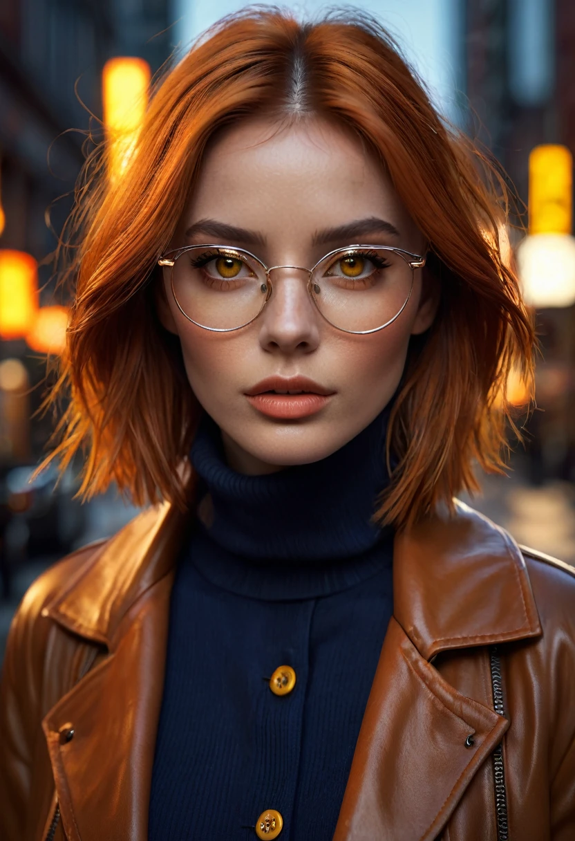 1 woman, inside a city at night, wearing a navy blue turtleneck jacket with yellow buttons, feminine brown eyes, detailed fair skin, large breasts, straight dark orange lob hair, dramatic lighting, cinematic composition, wearing glasses, dark palette, dark colors, atmospheric haze, thin chin, soft face, serious face, beautiful woman, adult woman, ultra realistic, adult woman (best quality, 4K, 8K, high resolution, art : 1.2), ultra detailed (realistic, photorealistic, photorealistic : 1.37)(((a woman with straight dark orange lob hair 1.7)))(((very beautiful))), perfect face, dark and cool palette, 8K, lips shining, extremely detailed, (high quality, realistic, photorealistic : 1.37), ideal proportions and detailed skin and defined and meticulously crafted features, unapproachable beauty, perfection, art, vivid realism, hyper-detailed sculpting, realistic shapes, truly awe-inspiring, craftsmanship flawless, serious facial expression, pure glow, ethereal beauty, delicate contours, striking poses, sublime beauty, subtle nuances, dynamic compositions, vibrant colors, perfect lighting, moving expressions, celestial aura, majestic presence, dreamlike atmosphere, unmatched high level of detail, high octane rendering in artstation, 8k art photography, photorealistic concept art, volumetric cinematic soft natural light, chiaroscuro, f