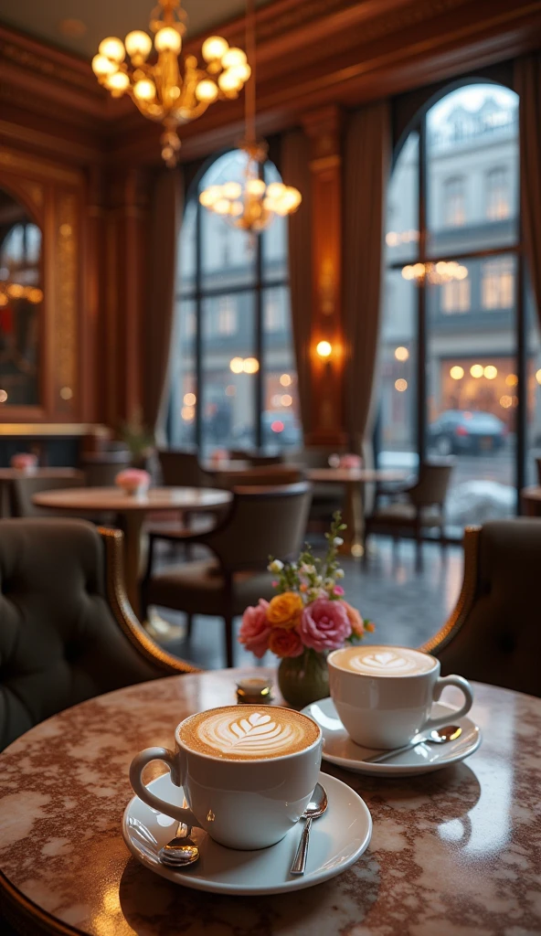 A high-end, 5-star coffee shop with an elegant interior featuring polished marble floors and walls adorned with intricate wood paneling. The space is illuminated by soft, warm lighting from sleek, modern chandeliers hanging above. Large floor-to-ceiling windows offer a view of a bustling city street outside, with rain gently trickling down the glass, casting reflections of the vibrant lights. The seating area includes plush, velvet armchairs and beautifully crafted wooden tables with gold accents. On one of the tables, there are two perfectly presented cups of cappuccino with intricate latte art, a small vase with fresh flowers, and elegant silverware neatly placed. The atmosphere is serene and sophisticated, with no people present, highlighting the luxury and comfort of the space.