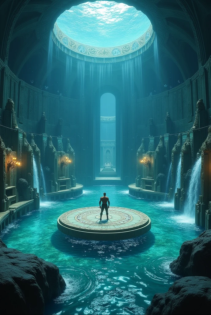 Aquaman has a training space called the Temple of Triton, it is shaped like a shell. In the center there is a platform around it, there is water and water falls from the walls like a waterfall. It has a rest area and also a place where he puts all his weapons.
