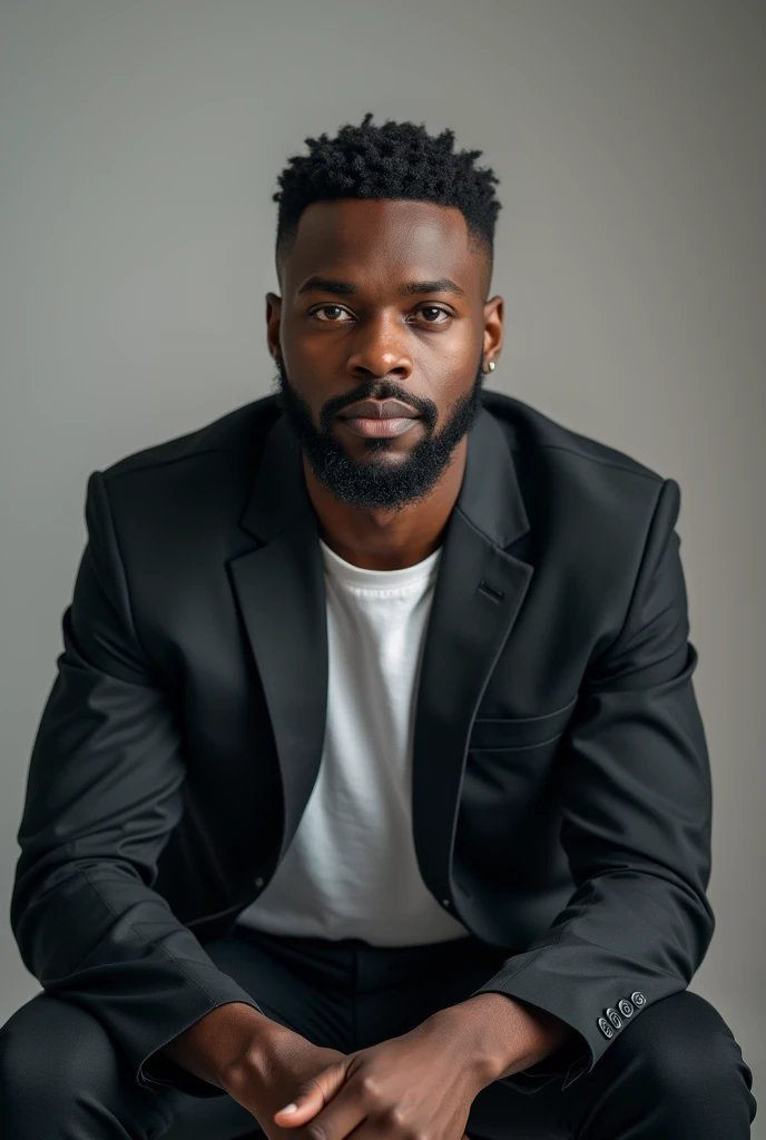 Create a headshot of a Black man recording a YouTube video. He is seated in front of a camera, with professional lighting highlighting his face, giving the image an ID photo feel. The background is neutral, keeping the focus on his facial expression, which shows concentration and engagement."