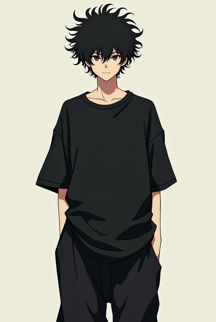 black very curly sideless hair brown eye color height 1.73 skin color white black oversize t-shirt under baggy pants anime man