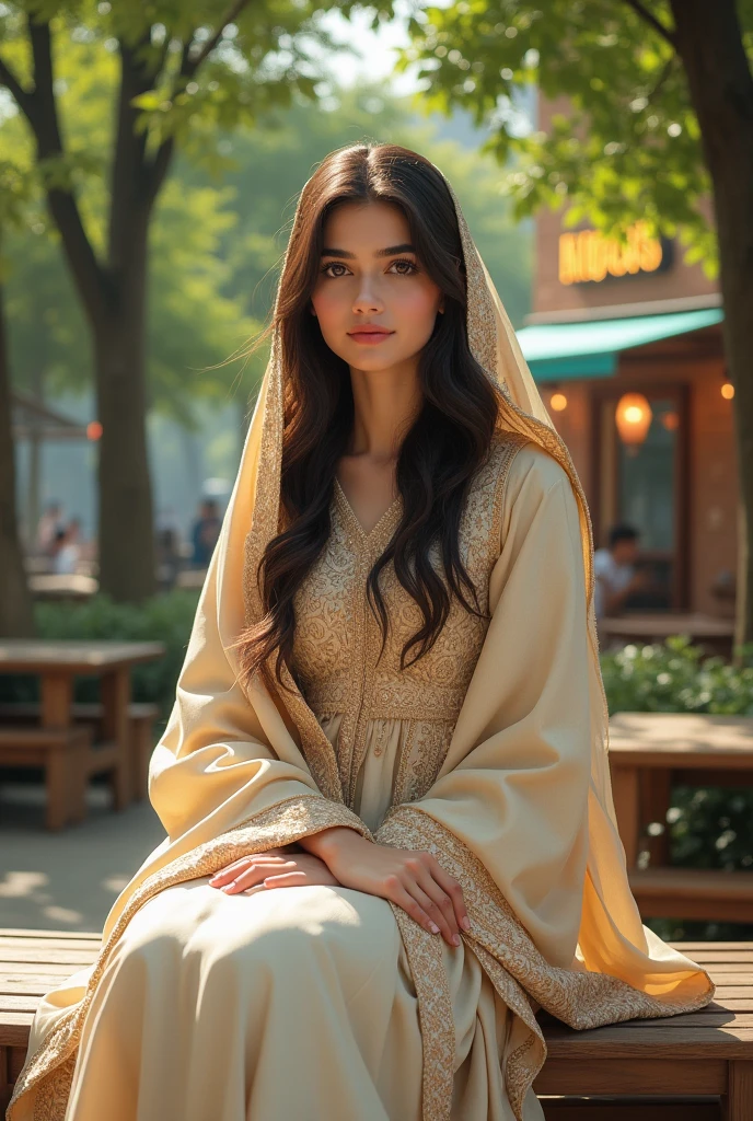 A beautiful Pakistani girl wearing traditional Pakistani outfits of light colour and scarf on head sitting on a bench under tress and In background there is a restaurant